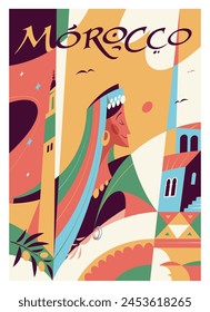 Vector póster de viaje premium. La estética de Marruecos. Hermosa chica en traje nacional. La ciudad azul de Chefchaouen. Mezquita y rama de olivo.