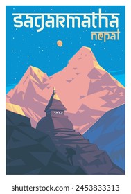 Vector premium travel poster. Vector premium travel poster. Mountain Ama Dablam and a stupa in Nepal. The Sagarmatha National Park.