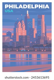 Vector premium travel poster. A nighttime view of downtown Philadelphia across the Delaware River. Huge modern buildings and skyscrapers.