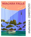 Vector premium travel poster. A small ship with tourists sails past the majestic Niagara Falls. Niagara River, Canada, USA.