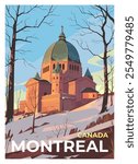 Vector premium travel poster. A spectacular view of the St. Joseph Oratory in the city of Montreal, Canada. Winter landscape, calm and tranquility.