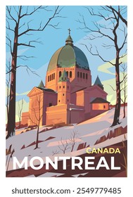 Cartaz de viagem premium de vetor. Uma vista espetacular do Oratório St. Joseph na cidade de Montreal, Canadá. Paisagem de inverno, calma e tranquilidade.