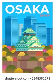 Afiche de viaje con descuento vectorial. Una vista inusual del Castillo de Osaka con un telón de fondo de rascacielos modernos. Osaka, Japón.