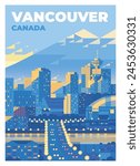 Vector premium travel poster. View of downtown Vancouver, Canada. Modern buildings, skyscrapers and a bridge over the river. Cityscape.