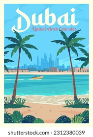 Afiche de viaje con descuento vectorial. Vistas a la playa de Dubái en un día soleado. Los Emiratos Árabes Unidos.