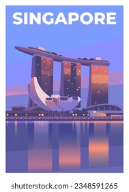 Vector premium travel poster.  A view of beautiful Singapore at night. Marina Bay Sand and ArtScience Museum. Modern architecture and skyscrapers. Singapore.
