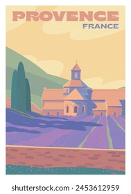 Vector premium travel poster. View of the Abbey of Senanque in Provence, France. A field of lavender on a sunny day.