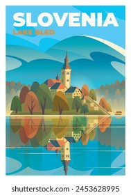 Vector premium travel poster. View of the Church of the Assumption of the Virgin Mary on Lake Bled, Slovenia. Sunset in autumn.