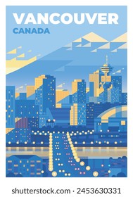 Vektorgrafik Premium Reiseplakat. Blick auf das Stadtzentrum von Vancouver, Kanada. Moderne Gebäude, Wolkenkratzer und eine Brücke über den Fluss. Stadtbild.