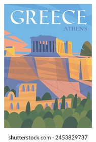 Vector premium travel poster. A view of the Acropolis of Athens and the Parthenon. Greece.