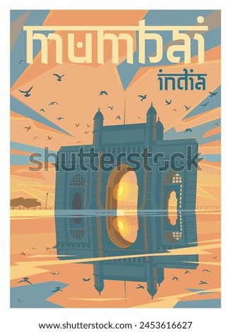 Vector premium travel poster. A view of the Gateway of India in the setting sun. The harbour of the city of Mumbai.