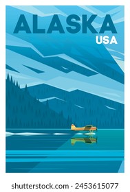 Vector premium travel poster. Yellow plane lands on the water. Nature of Alaska, USA.