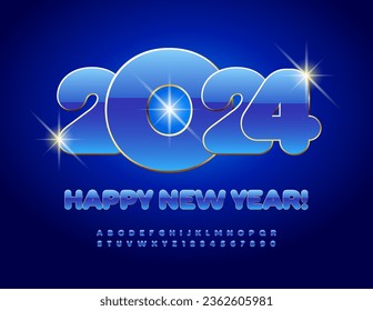 Vector Premium Wunschkarte Frohes Neujahr 2024! Künstlerische Alphabet-Buchstaben und -Zahlen. Stilvolle Blau- und Goldene Schrift