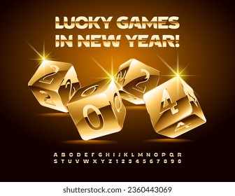 Tarjeta de alta calidad vectorial que desea Lucky Games in New Year 2024! Se han establecido las letras y números de alfabeto enriquecido. Fuente de elite dorada