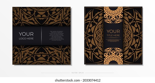Vector Preparation of invitation card with place for your text and abstract ornament. Ready-to-print postcard design in black color with orange patterns.