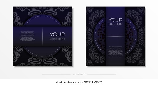 Vector preparation of invitation card with vintage patterns. Stylish template for postcard print design in purple color with luxury greek