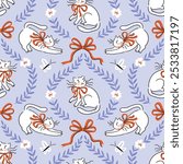 Vector preppy cat seamless pattern in vintage style. White cute cats with red bows on light violet damask background. Stylish animal coquette fabric design. Funny print for kids wallpaper.