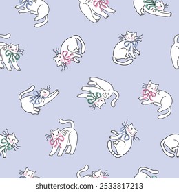 Vector preppy cat sin patrón en estilo dibujado a mano. Gatos lindos blancos con arcos coloridos sobre fondo violeta claro. Elegante diseño de tela de coqueta animal. Divertido estampado para niños fondo de pantalla o ropa de cama.