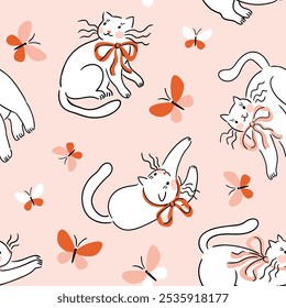 Vector preppy cat seamless pattern in hand-drawn style. White cute cats with bows and butterfly on pink background. Stylish animal coquette fabric design. Funny print for kids wallpape or bedding.