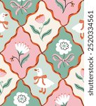 Vector preppy coquette seamless pattern.  Bows, flowers and white goose. Floral elegance damask design for fabric, wallpaper or wrapping paper. Vintage floral seamless print