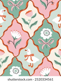 Vector preppy coquette seamless pattern.  Bows, flowers and white goose. Floral elegance damask design for fabric, wallpaper or wrapping paper. Vintage floral seamless print