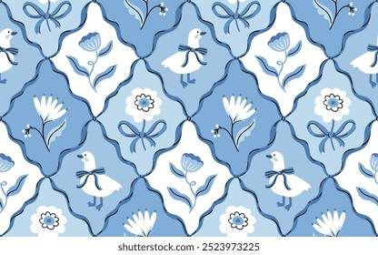 Vetor preppy coquette padrão sem emenda.  Arcos, flores e ganso branco. Design de damasco de elegância floral para tecido, papel de parede ou papel de embrulho. Vintage Chinoiserie floral impressão sem emenda em cores azuis