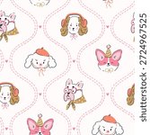 Vector preppy dog seamless pattern. Heritage revival damask repeat background with dogs. Cute animal seamless fabric or wallpaper design.