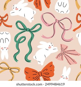 Vector preppy festive seamless pattern with white bunny and colorful bow knots. Cute animal seamless fabric design for baby nursery or kidswear. Vintage Easter or Christmas pattern.