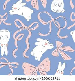 Vector preppy festive seamless pattern with white bunny and pink bow knots on blue background. Cute animal seamless fabric design for baby nursery or kidswear. Vintage Easter or Christmas pattern.