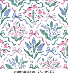 Vektor preppy floral trellis nahtloses Muster. Coquette-Bögen und Blumenstrauß einzeln auf weißem Hintergrund für Stoff, Tapete oder Packpapier. Klassische botanische Eleganz Druckdesign.