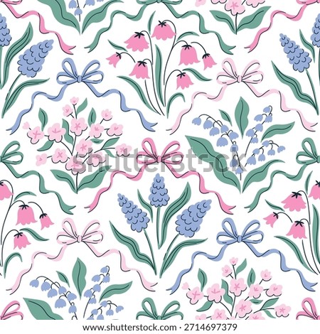 Vector preppy floral trellis seamless pattern. Coquette bows and floral bouquet isolated on white background for fabric, wallpaper or wrapping paper. Classic botanical elegance print design.