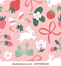 Vector preppy sin patrón con conejito, fresa y arcos. Lindo diseño de tela sin costuras de animales para el cuarto de bebé o ropa de niños. La fruta rosa repite la textura.  Patrón de Pascua de Antiguas.