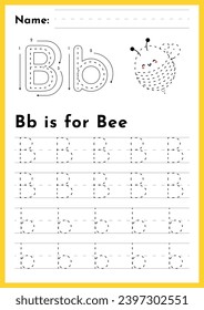 Vector Preschool Education Activity: Alphabet Tracing Worksheet for Letter B (Uppercase and Lowercase) with Bee Illustration – Engaging Early Literacy Practice for Young Learners