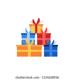 Vector present box pile, heap with colored ribbon flat icon. Gift packaging for christmas, new year holiday or birthday celebration decoration design. Festive square package illustration