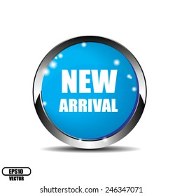 Vector: Present by blue shiny round new arrival button or icon on white background.