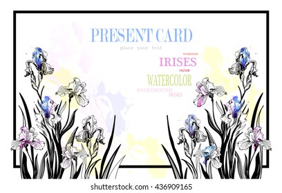 vector present card with irises and watercolor background.