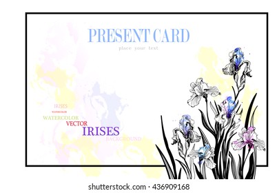 vector present card with irises and watercolor background.