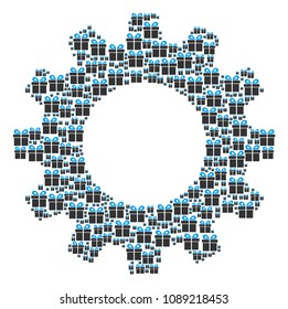 Vector present icons are united into cog figure. Equipment design concept constructed with present pictograms.
