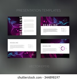 Vector presentation design templates collection with colorful swirls on black background