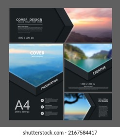 Vector presentation layout templates design, Brochure report cover, flyer, leaflets decoration for printing, Blurred image for example Nature mountains landscape background, sunrise in morning