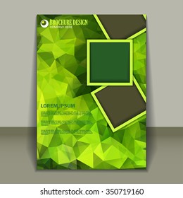 Vector presentation of vertical business brochure, magazine cover on polygonal green background