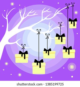 Vector presents with black ribbons hanging on a branch. Bright cartoon birthday illustration. Holiday boxes on a night violet background with stars. Cute cartoon greeting card with lots of gifts.