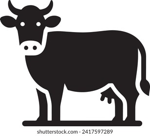  The vector presents a bold black silhouette of a cow, showcasing its sturdy body, calm gaze, and the iconic horns.