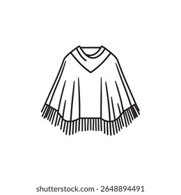 The vector presents a minimalistic black outline drawing showing a poncho with fringes. The poncho has a classic design and simple lines, drawn over a white background.