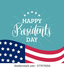 Vector Presidents Day card. National american holiday illustration with USA flag on rays and stars background. Festive poster or banner with hand lettering. 