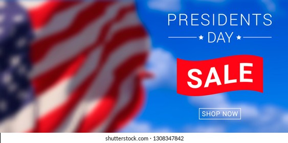 Vector Presidents Day Sale banner design template with text on blurred sky background with american flag.