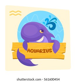 Vector pretty cartoon Aquarius zodiac sign whale with wooden plaque air element illustration 