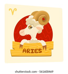 Vector pretty cartoon Aries zodiac sign ram with wooden plaque fire element illustration 