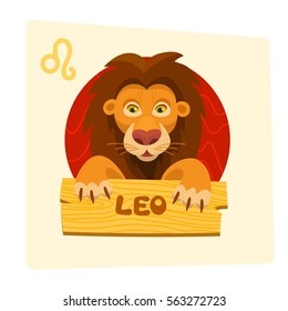 Vector pretty cartoon Leo zodiac sign lion with wooden plaque fire element illustration