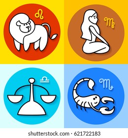 Vector pretty cartoon line art icon with shadow set zodiac symbols leo, virgo, libra, scorpio, fire, earth, air, aqua signs, part 2/3